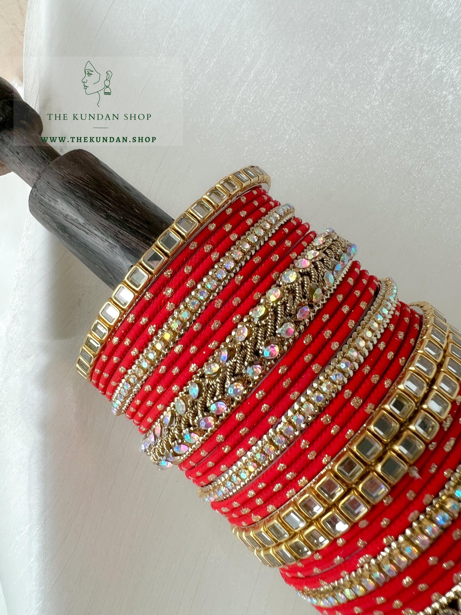 Iridescent Center Stones in Red Bangles THE KUNDAN SHOP 