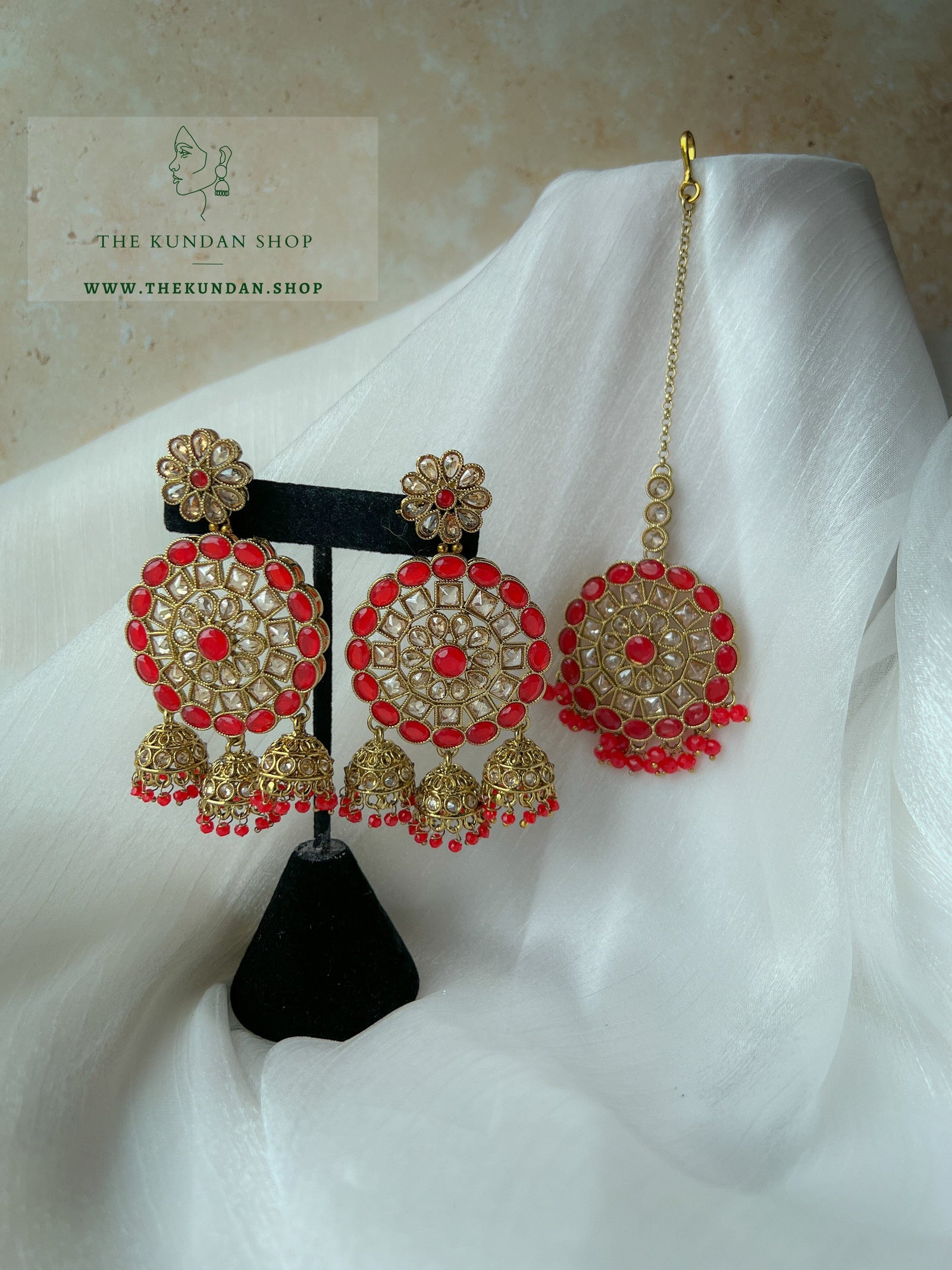Willing in Red Earrings + Tikka THE KUNDAN SHOP 