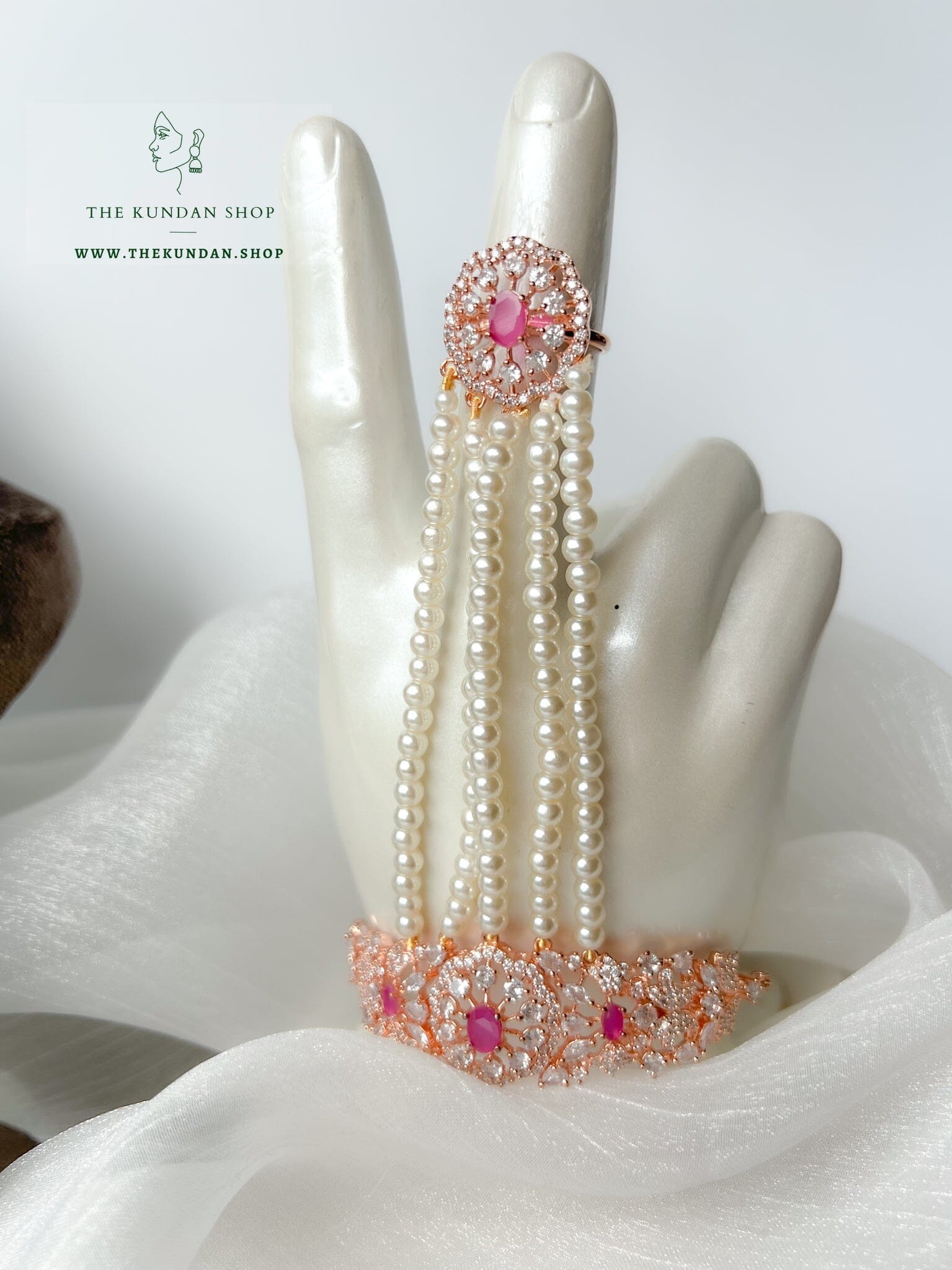 Beauties Hand Piece in Rose Gold & Ruby Ring THE KUNDAN SHOP 