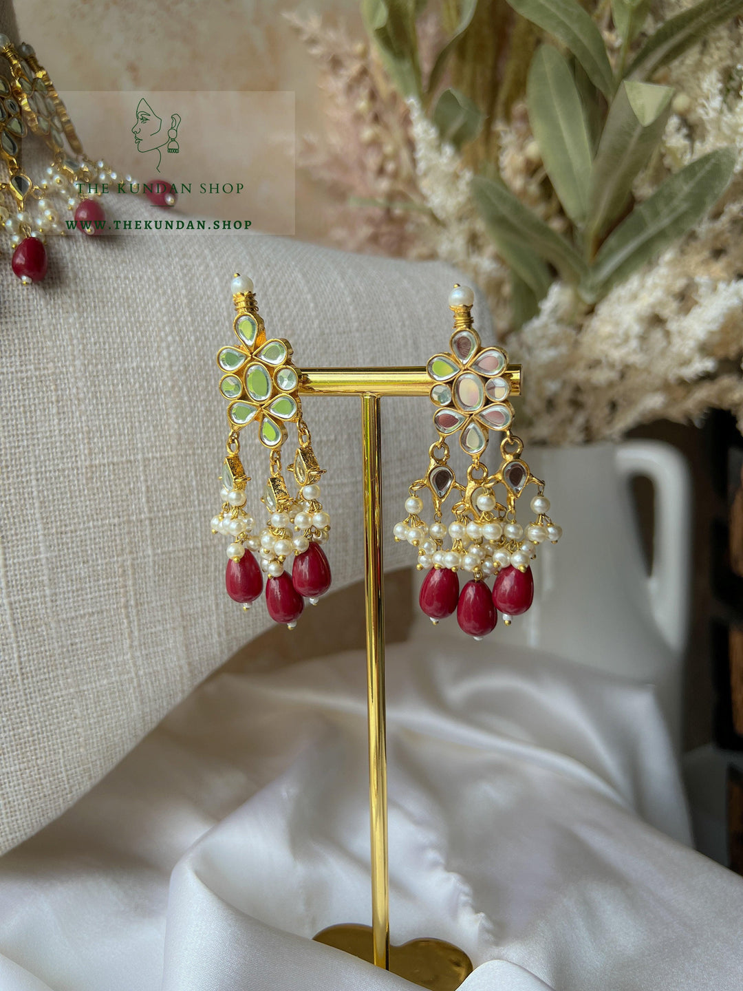 Flower Mirrors in Ruby Necklace Sets THE KUNDAN SHOP 
