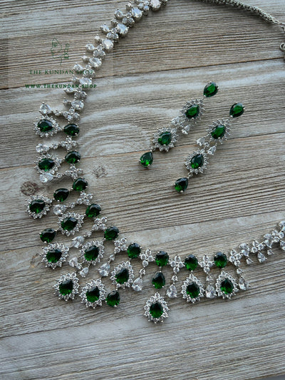 Blindsided in Silver & Emerald Necklace Sets THE KUNDAN SHOP 