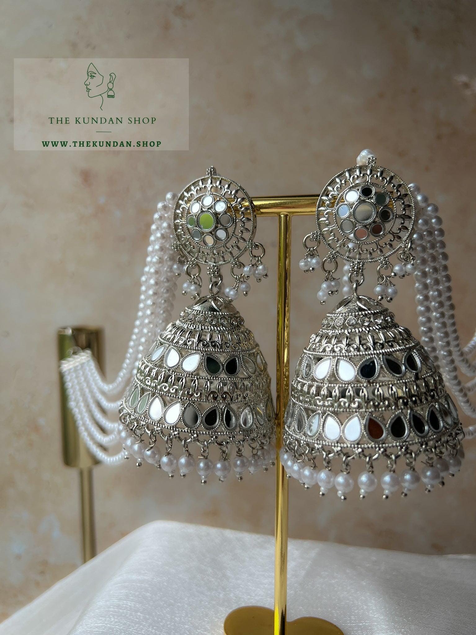 Glister Jhumkis in Silver Earrings + Tikka THE KUNDAN SHOP 