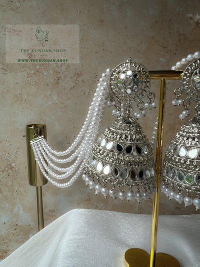 Glister Jhumkis in Silver Earrings + Tikka THE KUNDAN SHOP 