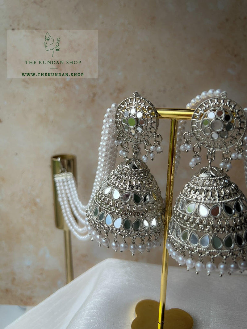 Glister Jhumkis in Silver Earrings + Tikka THE KUNDAN SHOP 