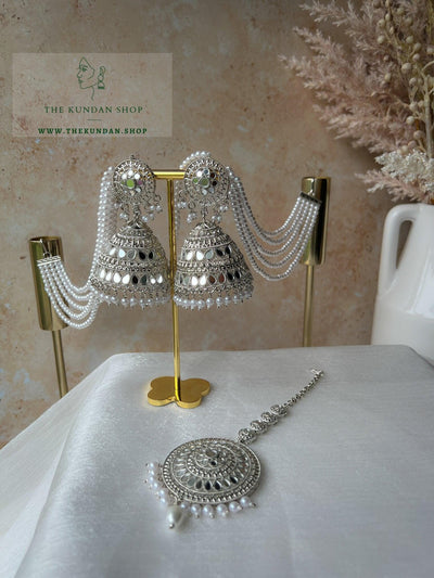 Glister Jhumkis in Silver Earrings + Tikka THE KUNDAN SHOP 