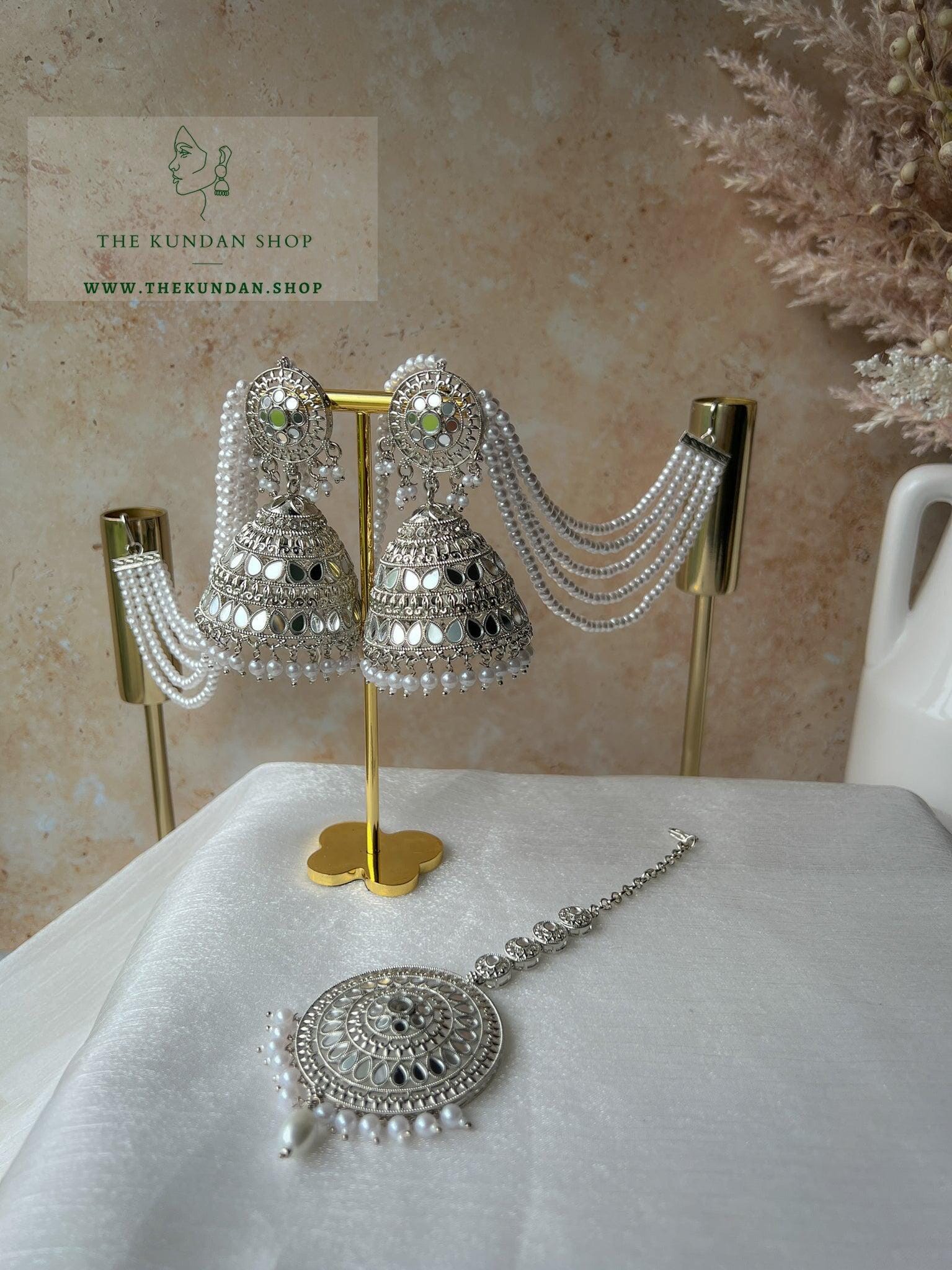 Glister Jhumkis in Silver Earrings + Tikka THE KUNDAN SHOP 