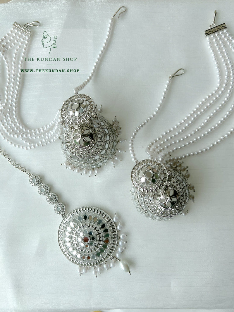 Glister Jhumkis in Silver Earrings + Tikka THE KUNDAN SHOP 