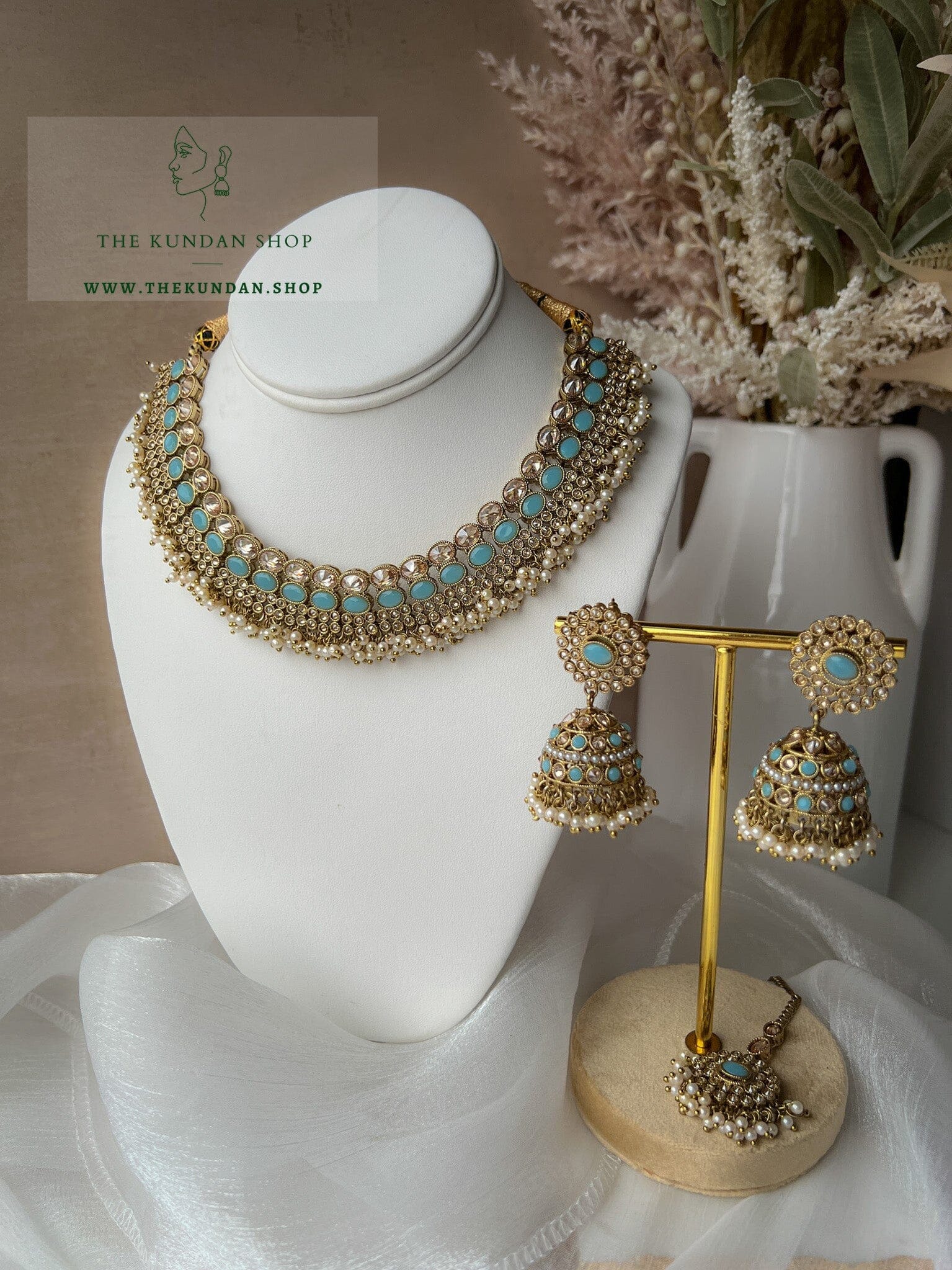 Caring Polki in Feroza Blue Necklace Sets THE KUNDAN SHOP 