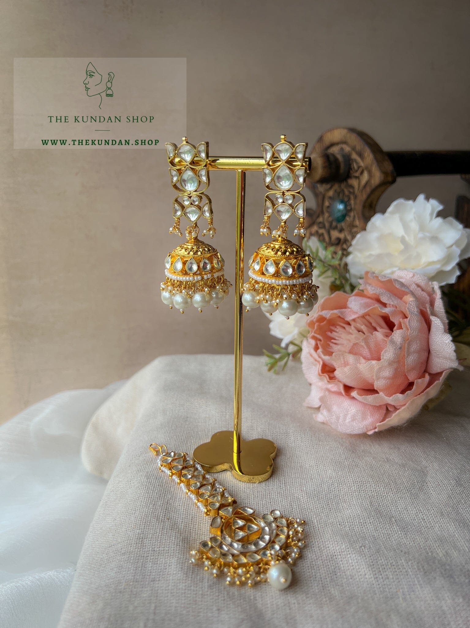 Personable in Pearl Earrings + Tikka THE KUNDAN SHOP Style 1 