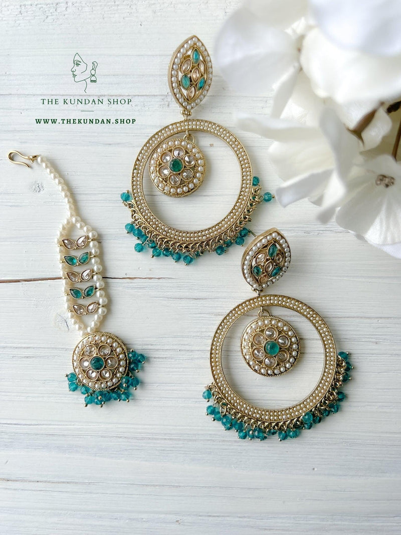 Ardent in Teal Blue Earrings + Tikka THE KUNDAN SHOP 