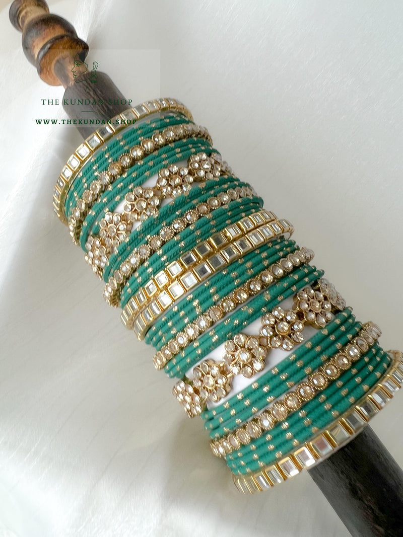 Floral Stones in Teal Bangles THE KUNDAN SHOP 