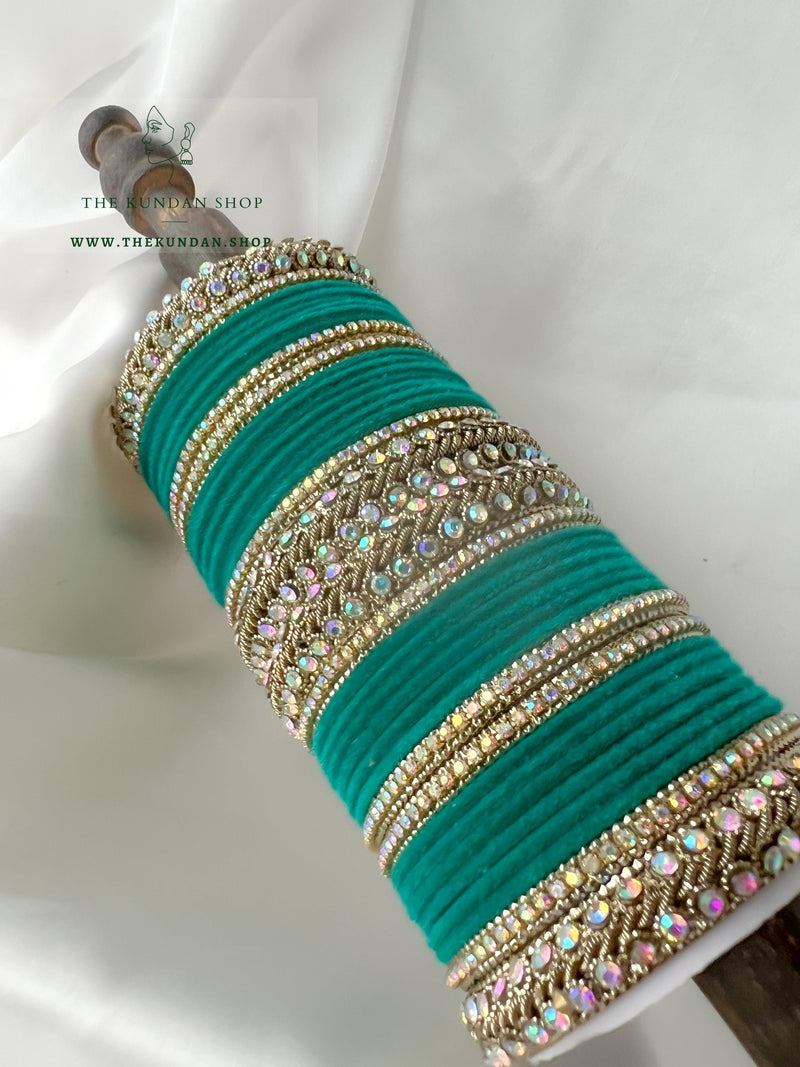 Iridescent Stones & Velvet in Teal Green Bangles THE KUNDAN SHOP 