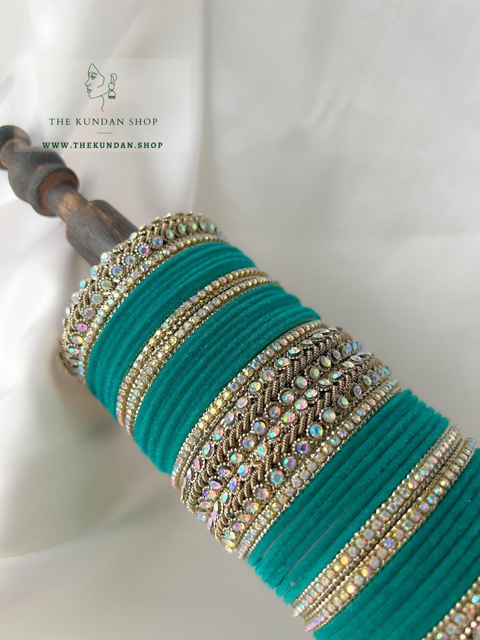 Iridescent Stones & Velvet in Teal Green Bangles THE KUNDAN SHOP 