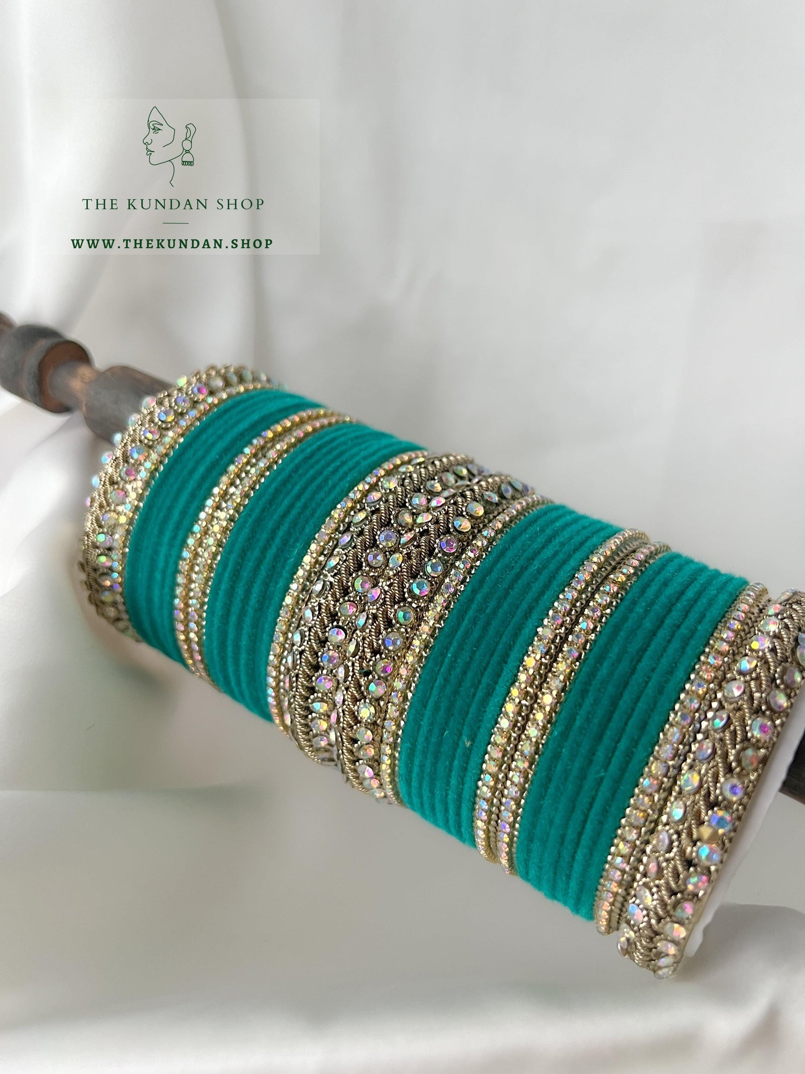 Iridescent Stones & Velvet in Teal Green Bangles THE KUNDAN SHOP 