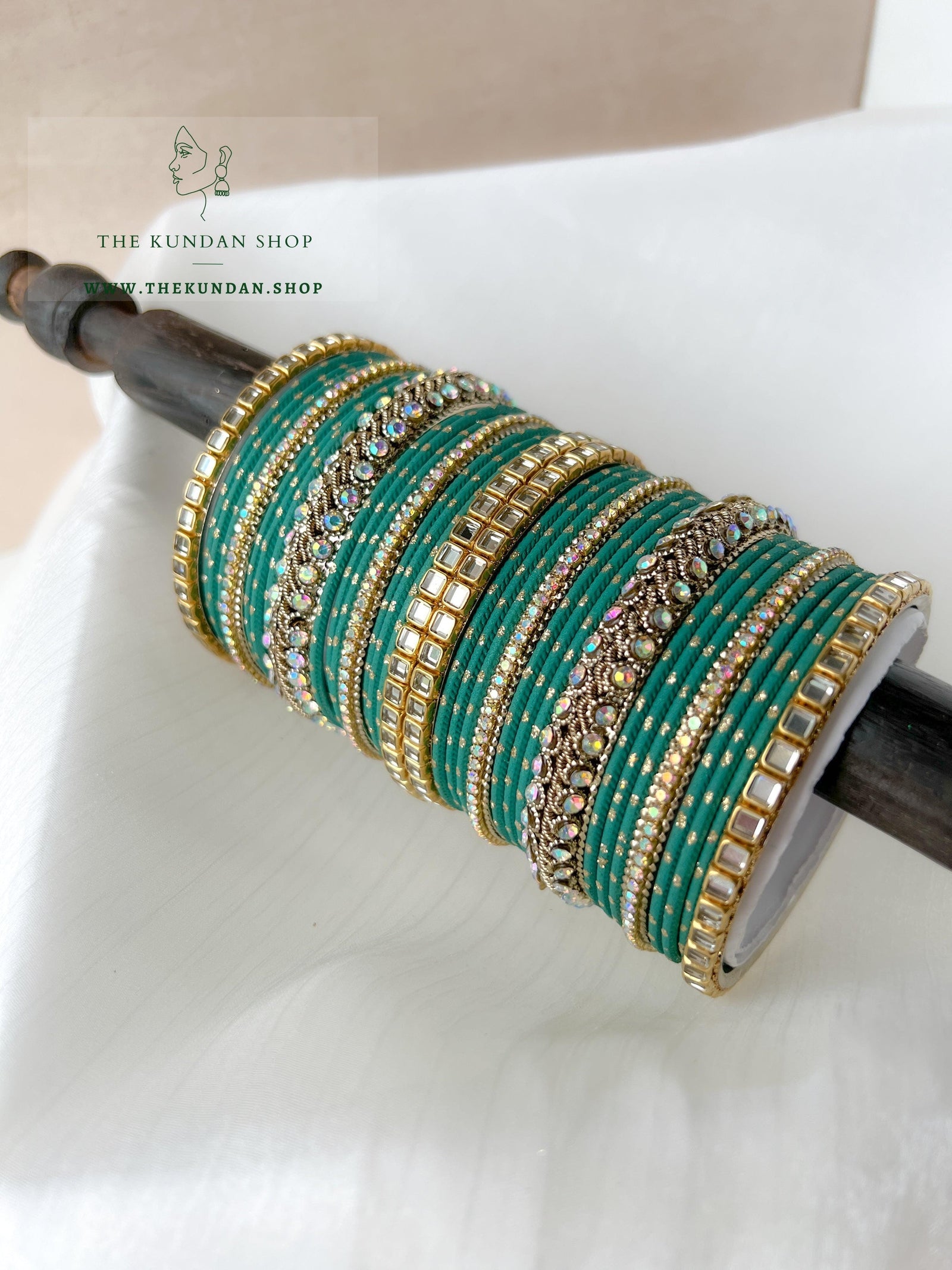 Iridescent Center Stones in Teal Bangles THE KUNDAN SHOP 