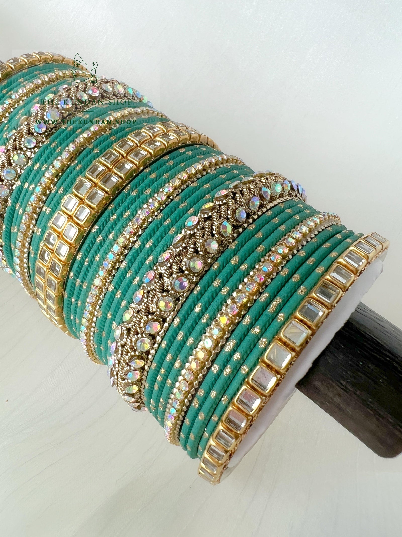 Iridescent Center Stones in Teal Bangles THE KUNDAN SHOP 
