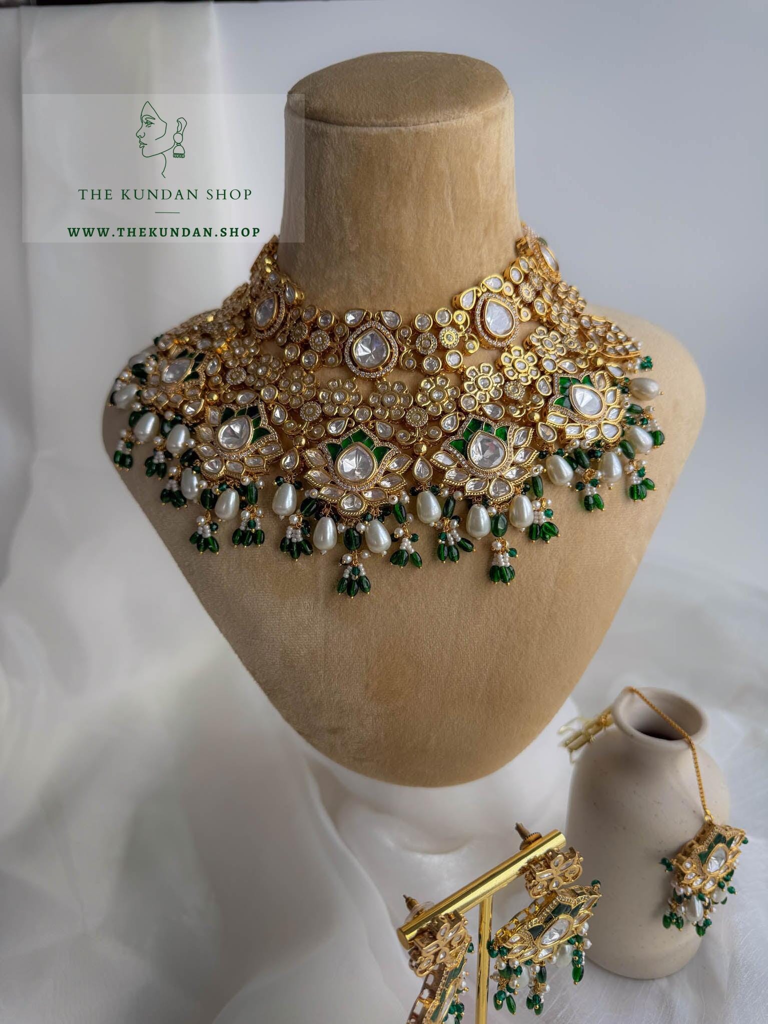 Lotus Kundan in Green Necklace Sets THE KUNDAN SHOP 