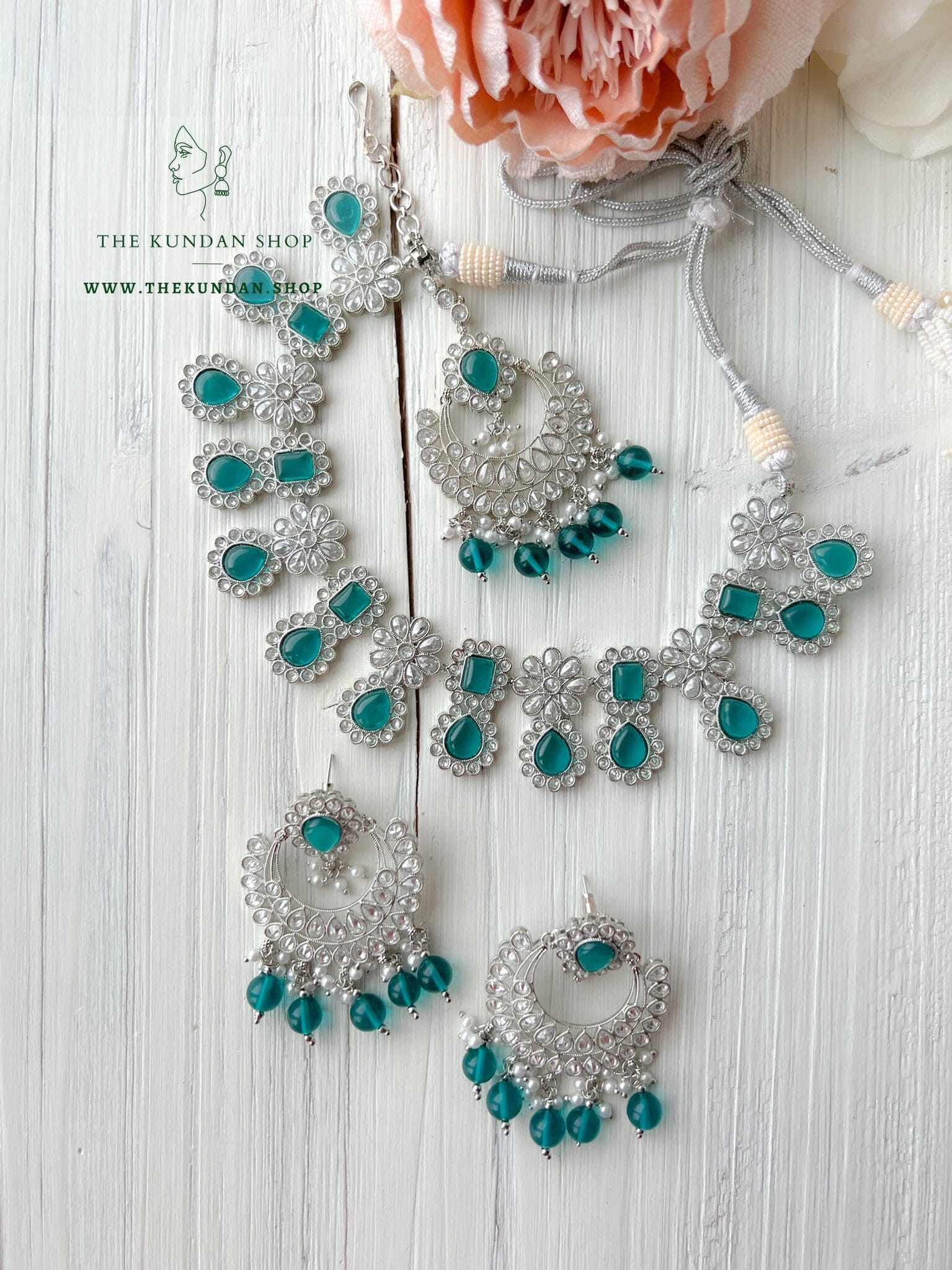 Heavenly Silver in Ocean Blue Necklace Sets THE KUNDAN SHOP 