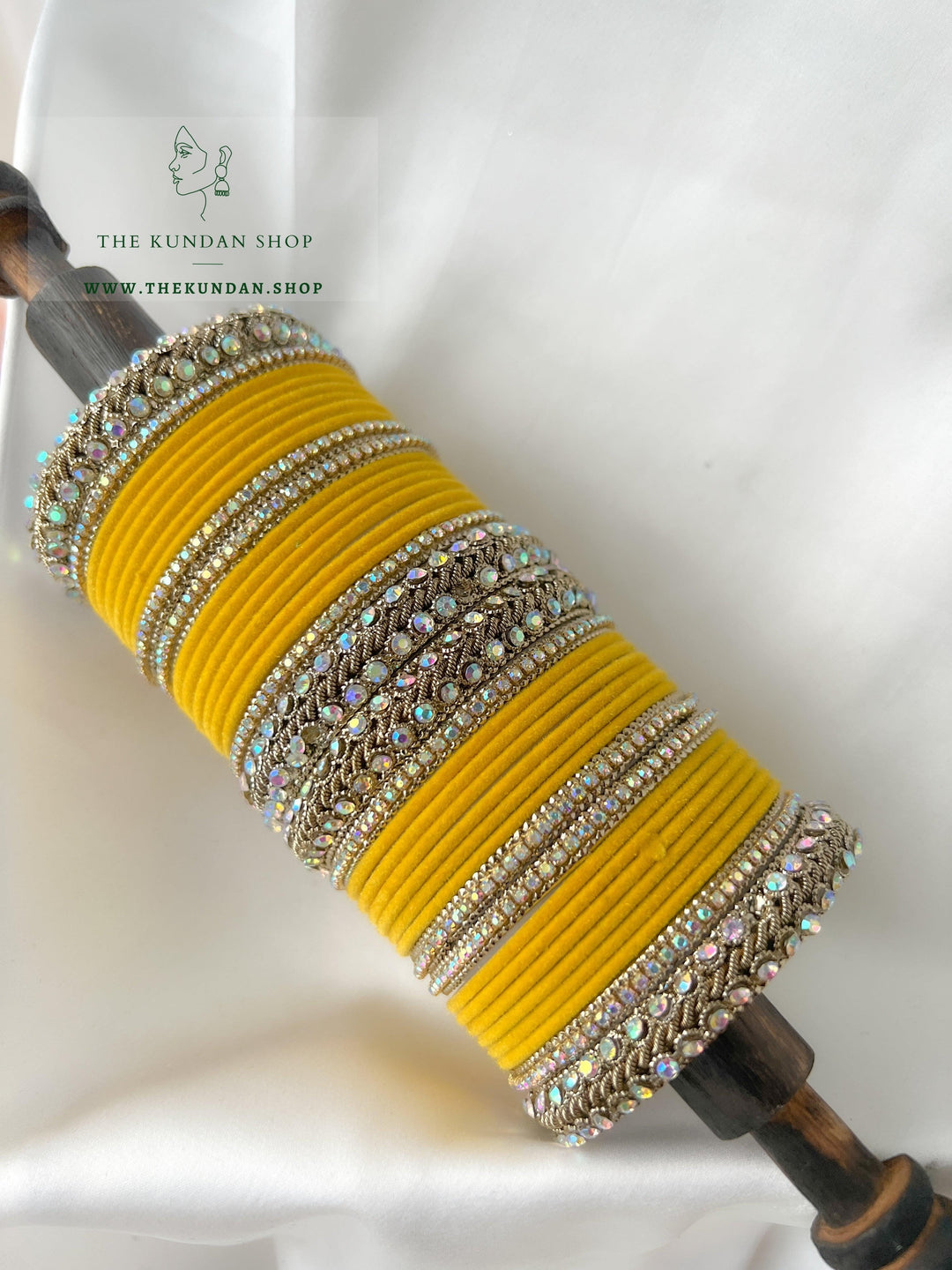 Iridescent Stones & Velvet in Yellow Bangles THE KUNDAN SHOP 