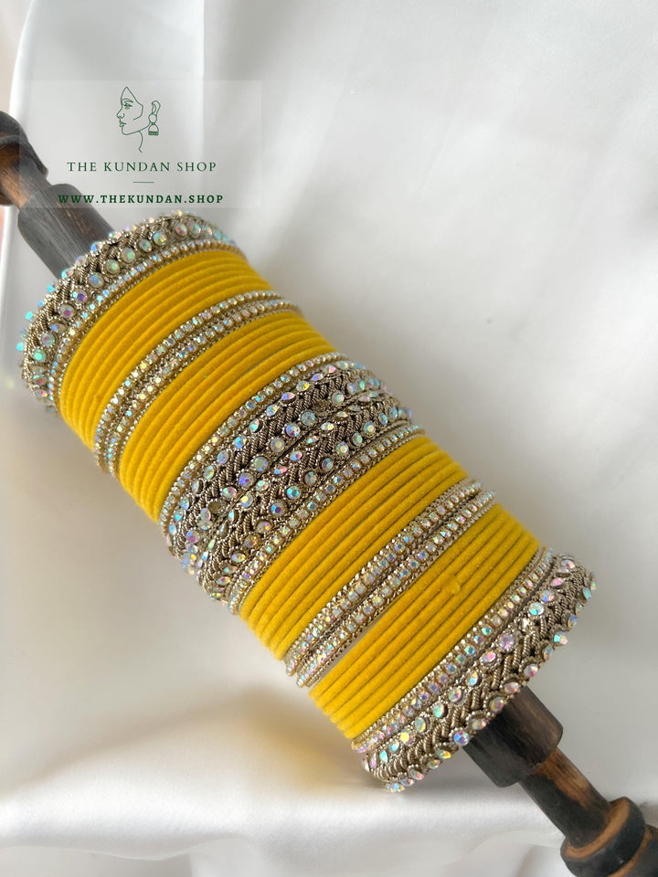Iridescent Stones & Velvet in Yellow Bangles THE KUNDAN SHOP 