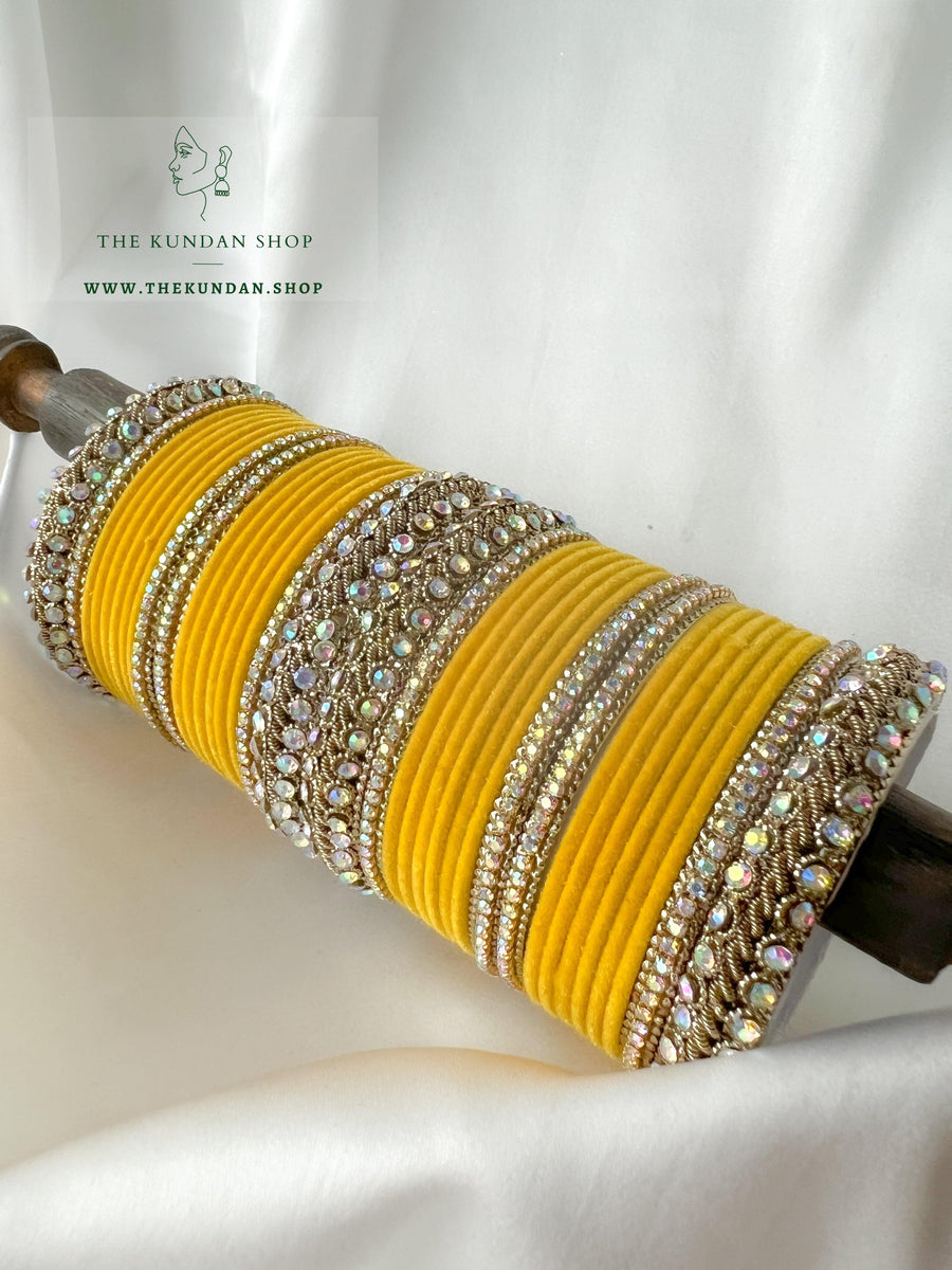 Iridescent Stones & Velvet in Yellow Bangles THE KUNDAN SHOP 