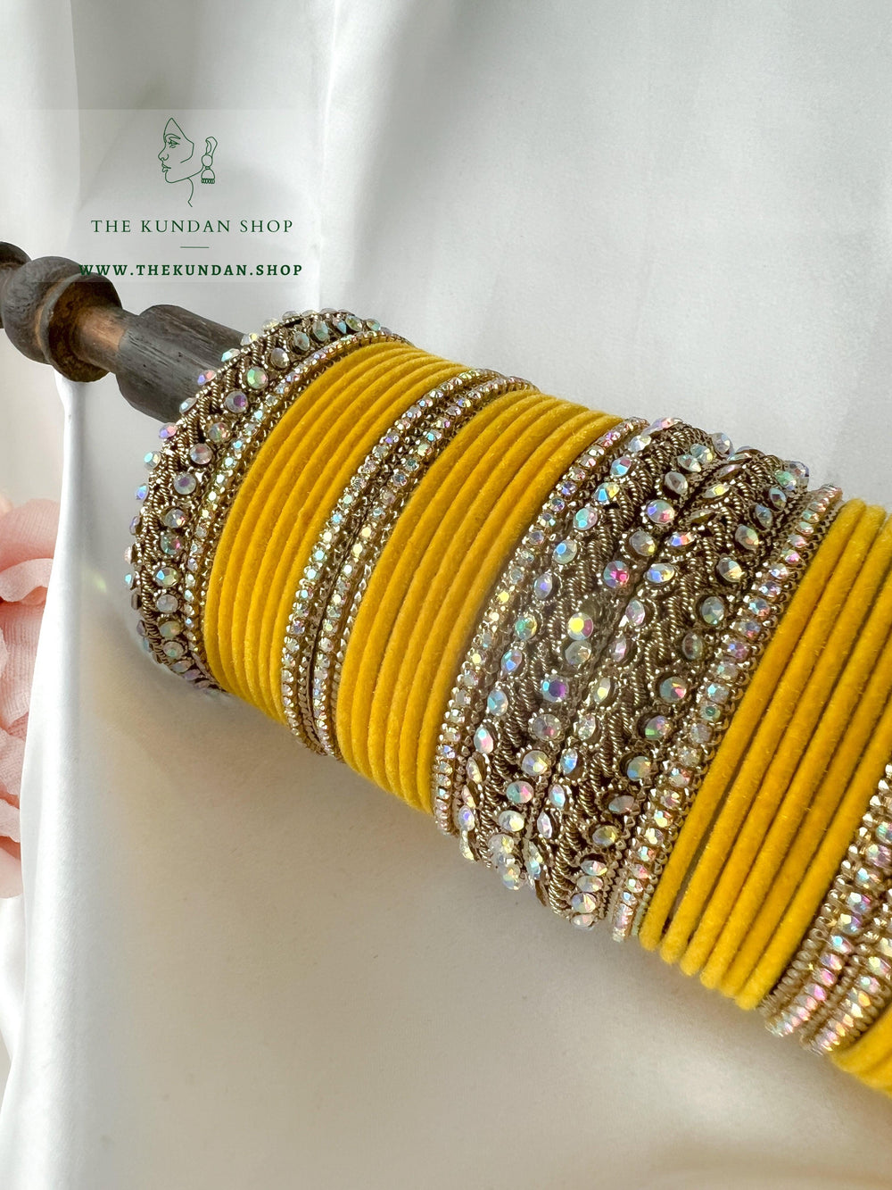 Iridescent Stones & Velvet in Yellow Bangles THE KUNDAN SHOP 