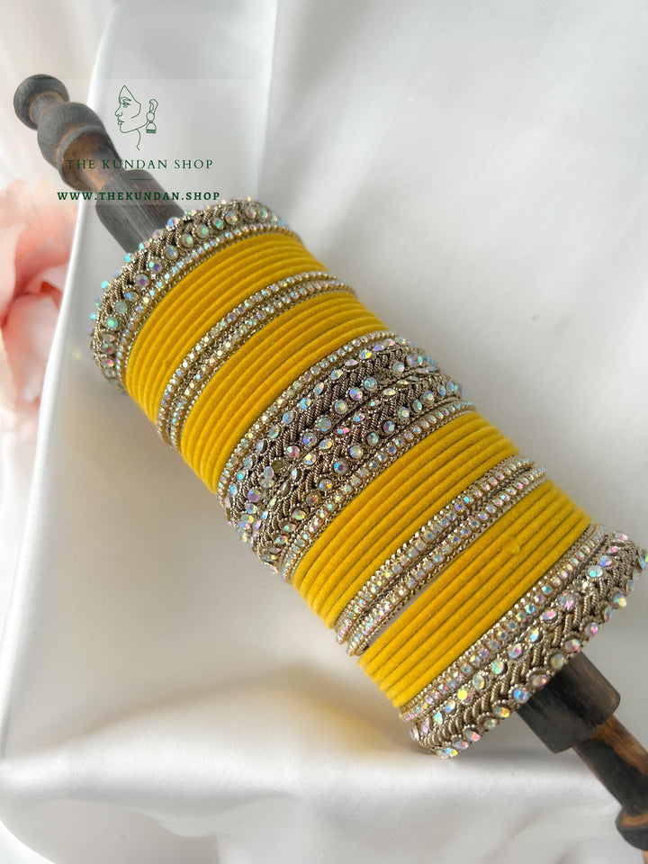 Iridescent Stones & Velvet in Yellow Bangles THE KUNDAN SHOP 