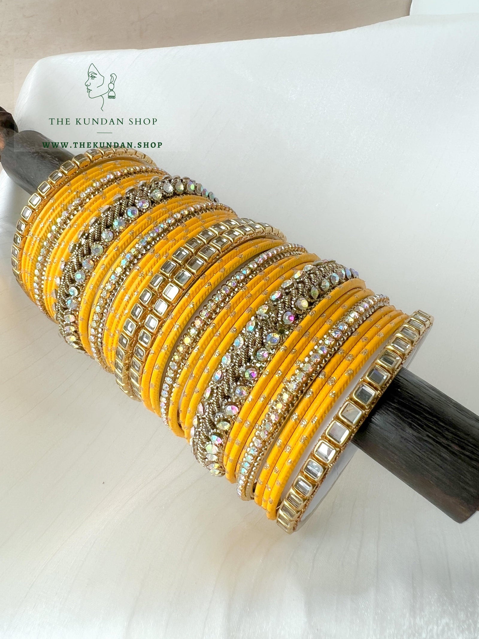 Iridescent Center Stones in Yellow Bangles THE KUNDAN SHOP 