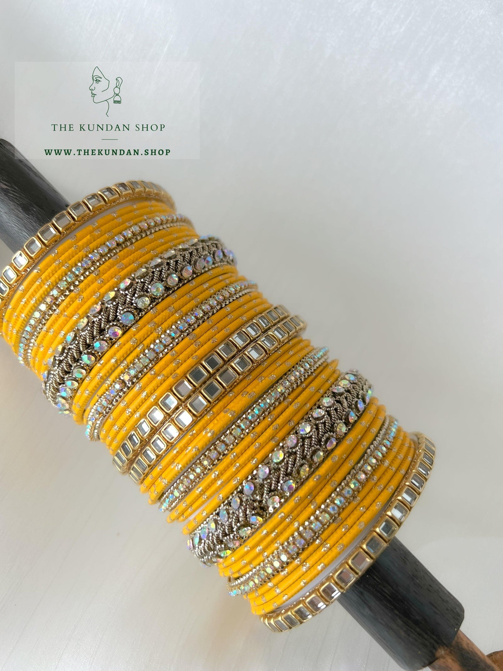 Iridescent Center Stones in Yellow Bangles THE KUNDAN SHOP 