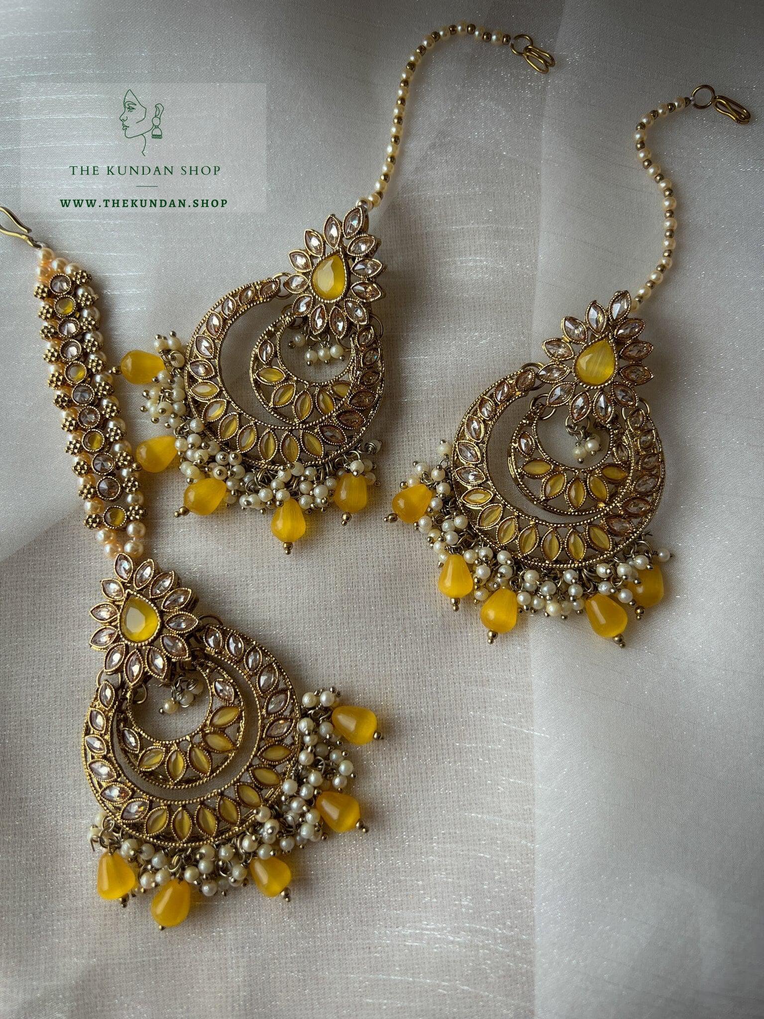 Candor in Yellow Earrings + Tikka THE KUNDAN SHOP 