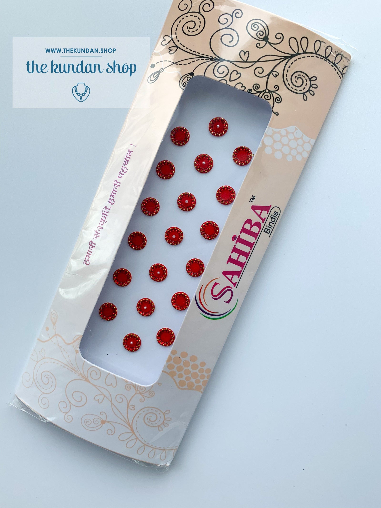 19 PC Red & Pearl Rhinestone Bindi, Bindis - THE KUNDAN SHOP