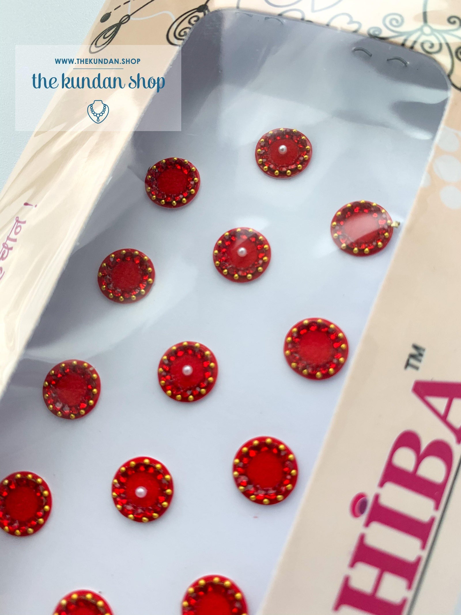 19 PC Red & Pearl Rhinestone Bindi, Bindis - THE KUNDAN SHOP