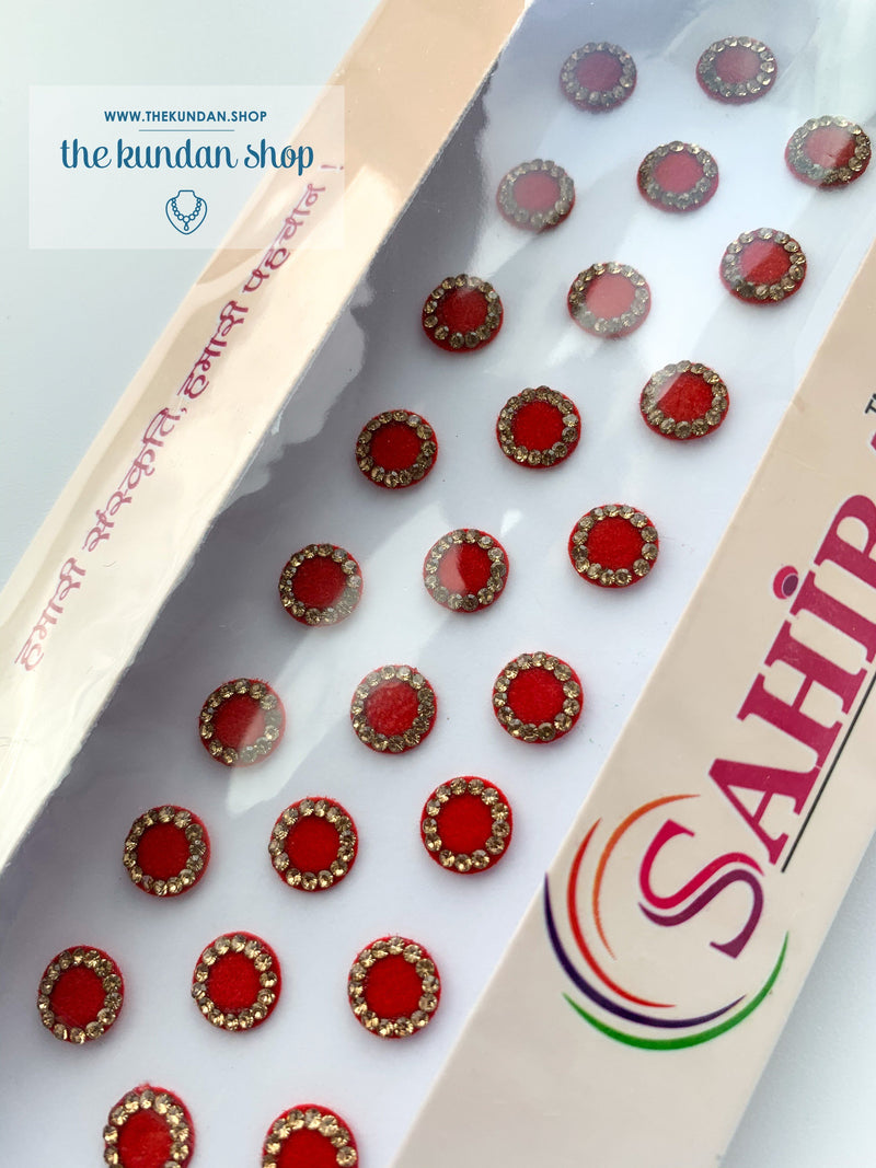 25 PC Red & Gold Rhinestone Bindi, Bindis - THE KUNDAN SHOP
