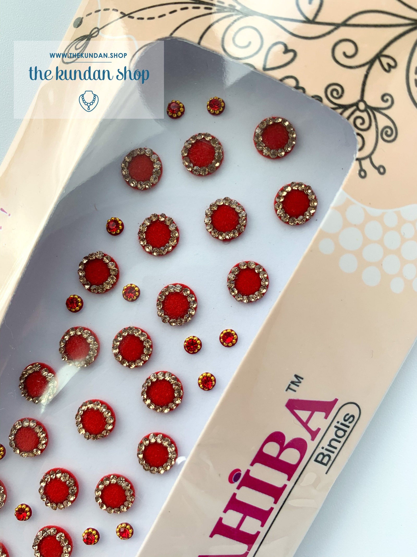 27 PC Red & Gold Rhinestone Bindi - Small, Bindis - THE KUNDAN SHOP