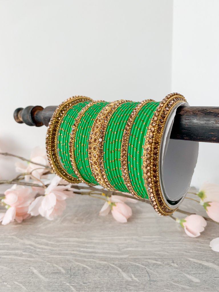 Rhinestone & Dotted Bangles in (Light) Green Bangles THE KUNDAN SHOP 