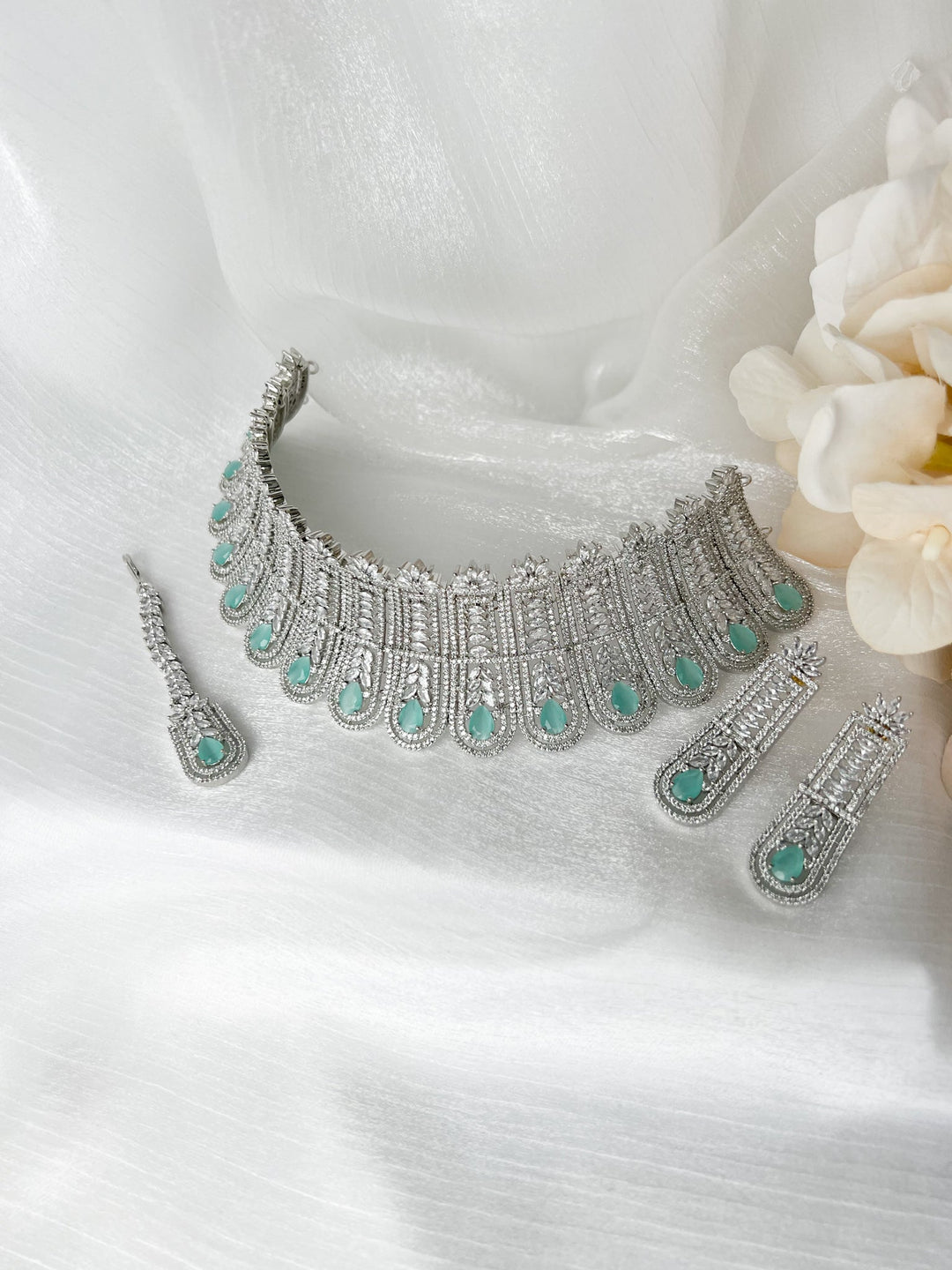 Flaunt in Silver & Mint Necklace Sets THE KUNDAN SHOP 