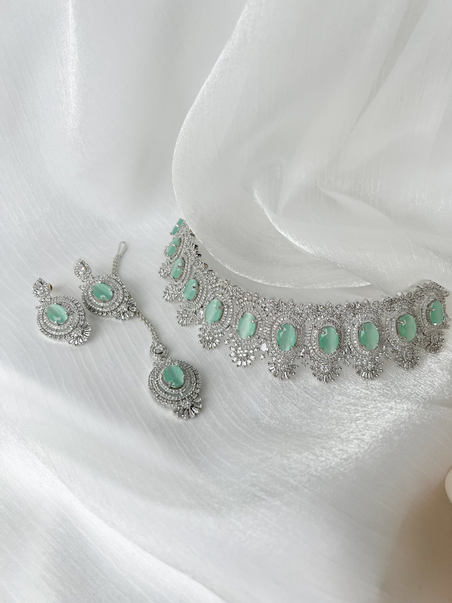 Courted in Silver & Mint Necklace Sets THE KUNDAN SHOP 