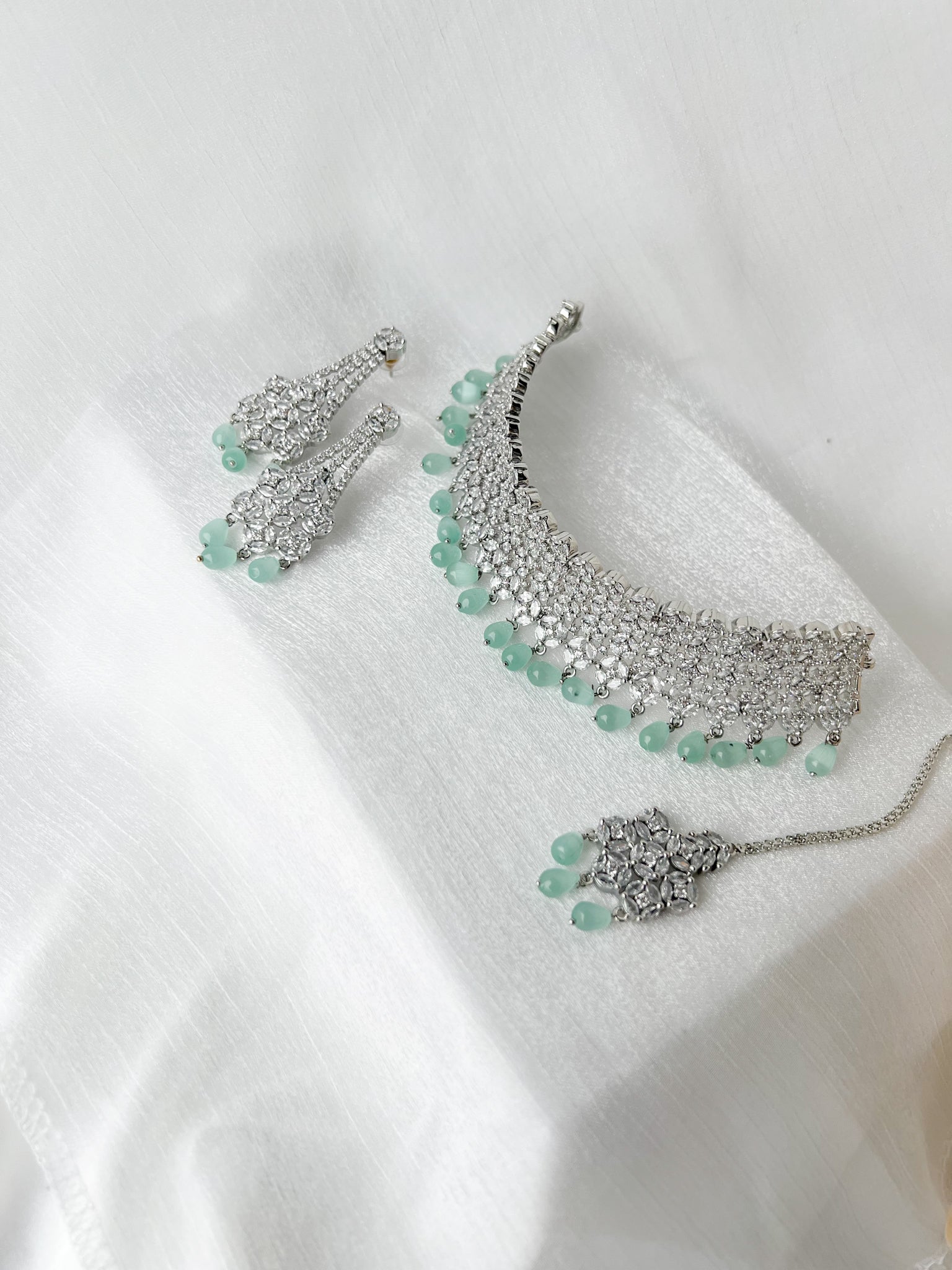 Dearly in Silver & Mint Necklace Sets THE KUNDAN SHOP 
