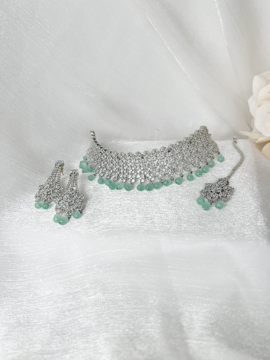 Dearly in Silver & Mint Necklace Sets THE KUNDAN SHOP 