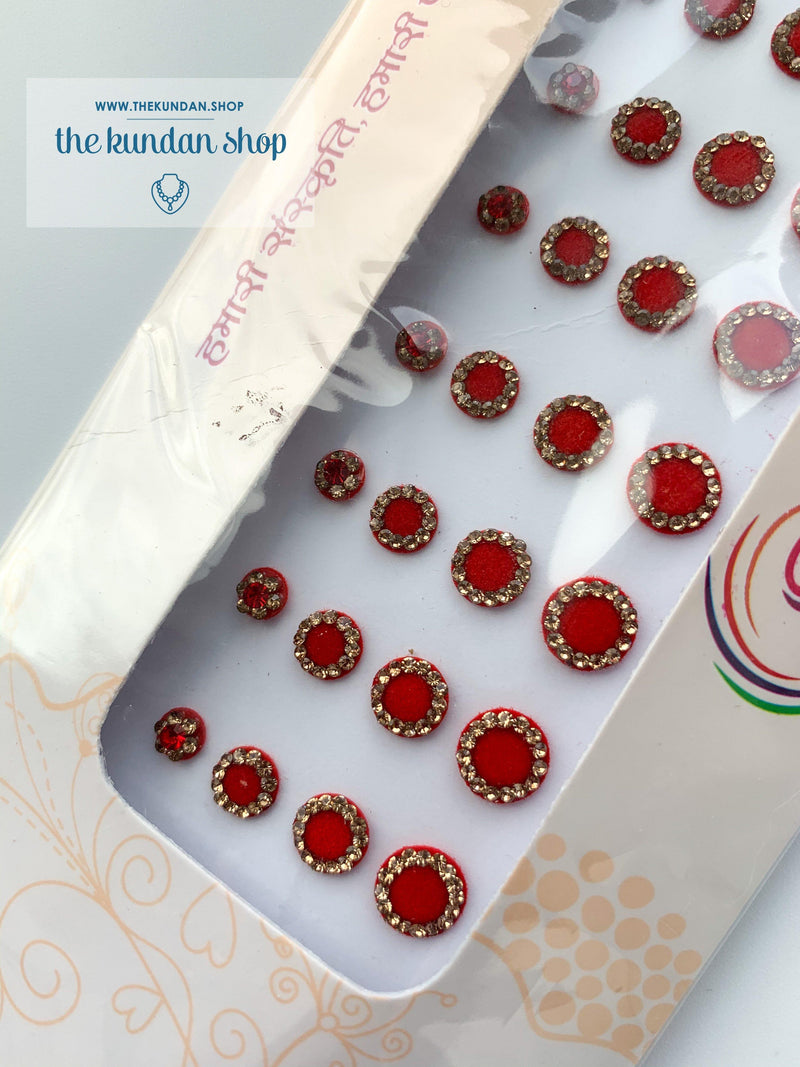 36 PC Red & Gold Rhinestone Bindi - Medium to Small, Bindis - THE KUNDAN SHOP