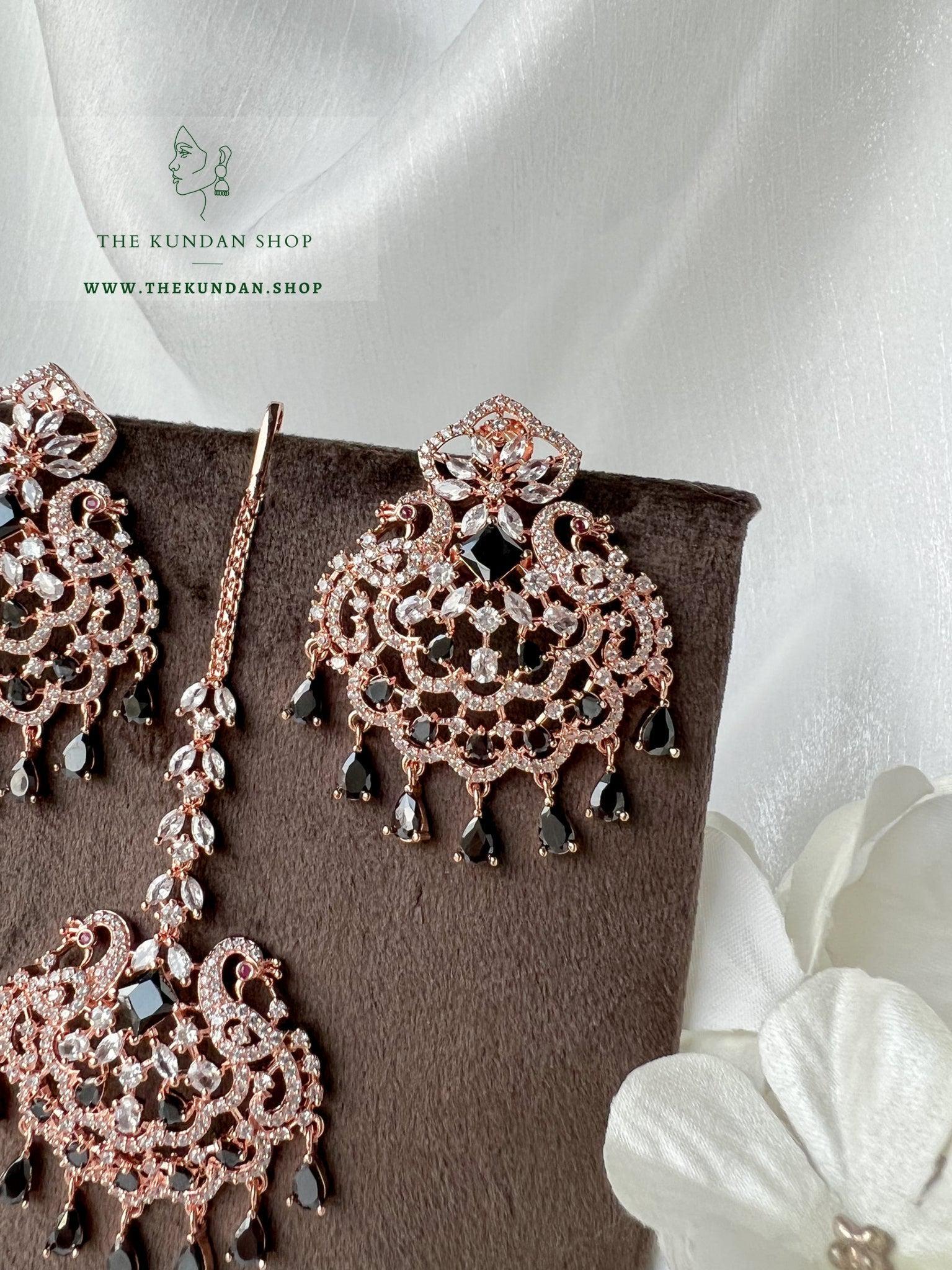 Serenity in Rose Gold & Black Earrings + Tikka THE KUNDAN SHOP 