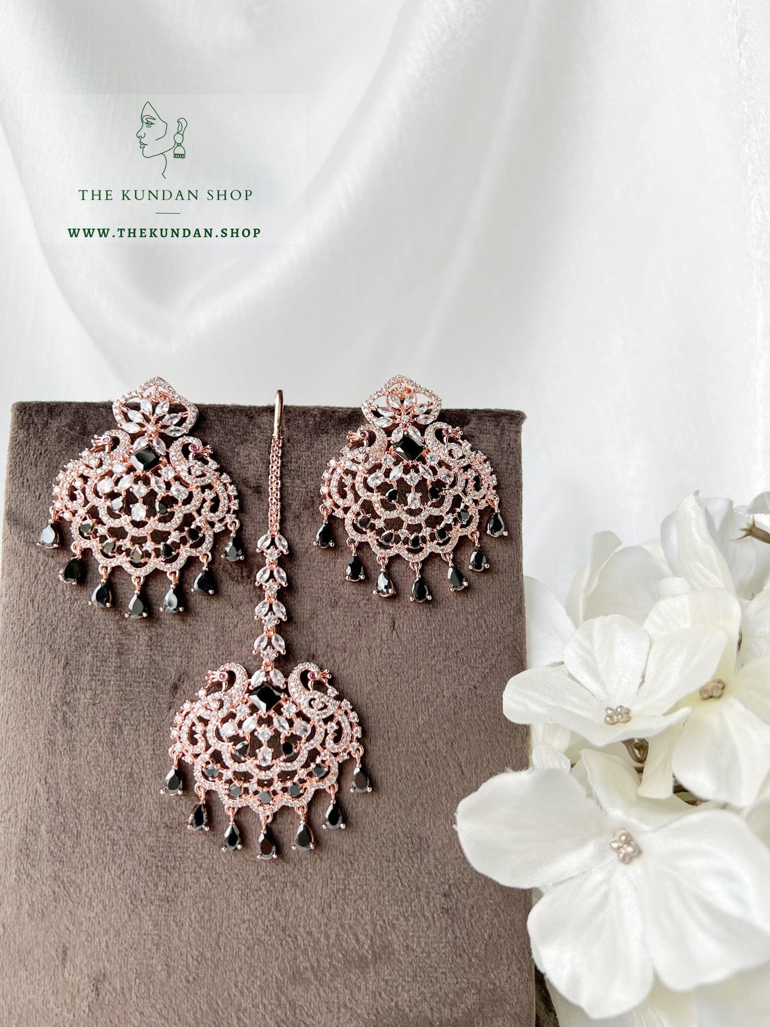 Serenity in Rose Gold & Black Earrings + Tikka THE KUNDAN SHOP 