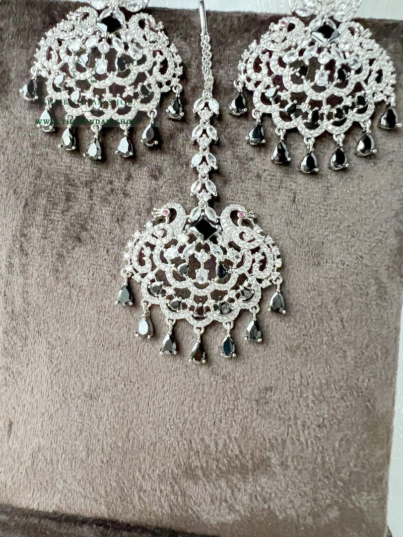 Serenity in Silver & Black Earrings + Tikka THE KUNDAN SHOP 