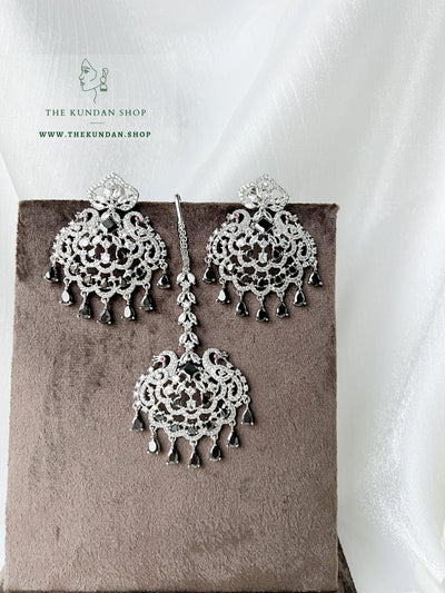 Serenity in Silver & Black Earrings + Tikka THE KUNDAN SHOP 