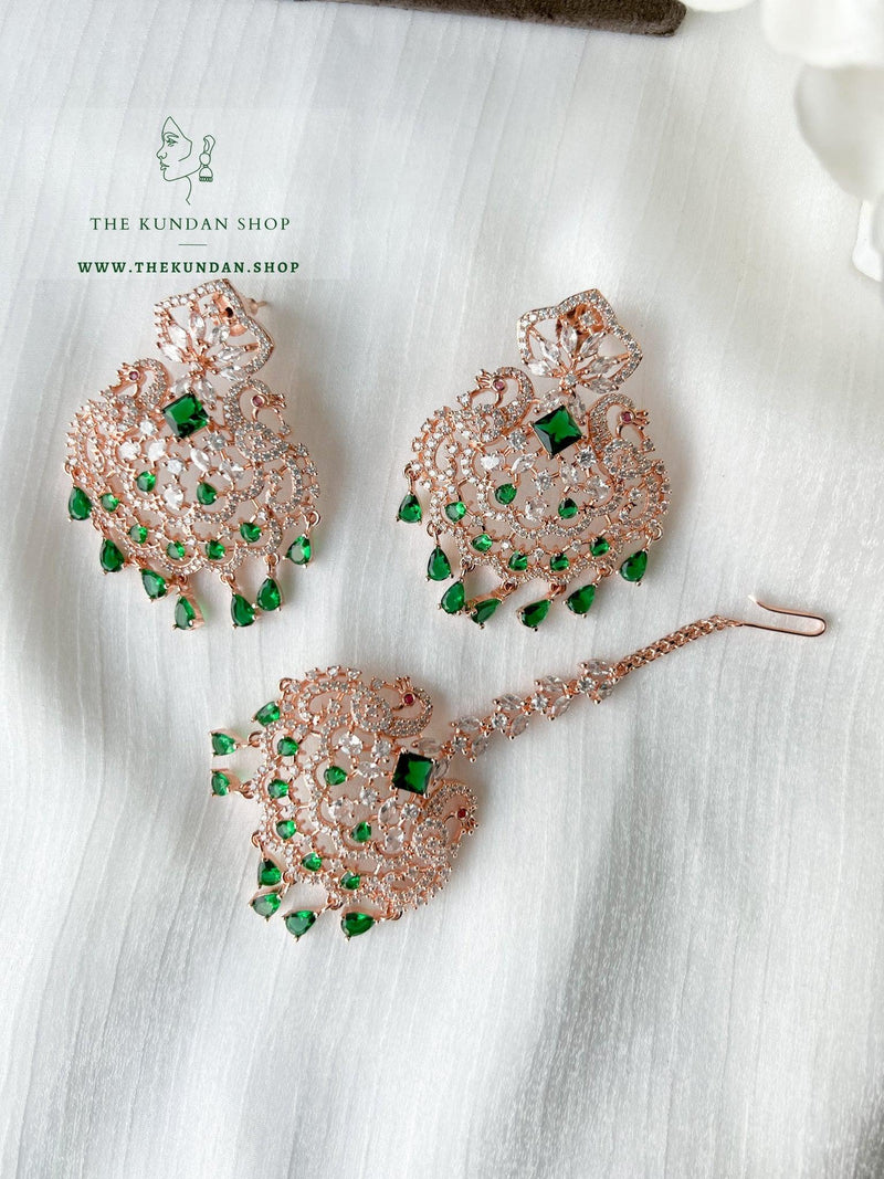 Serenity in Rose Gold & Emerald Earrings + Tikka THE KUNDAN SHOP 