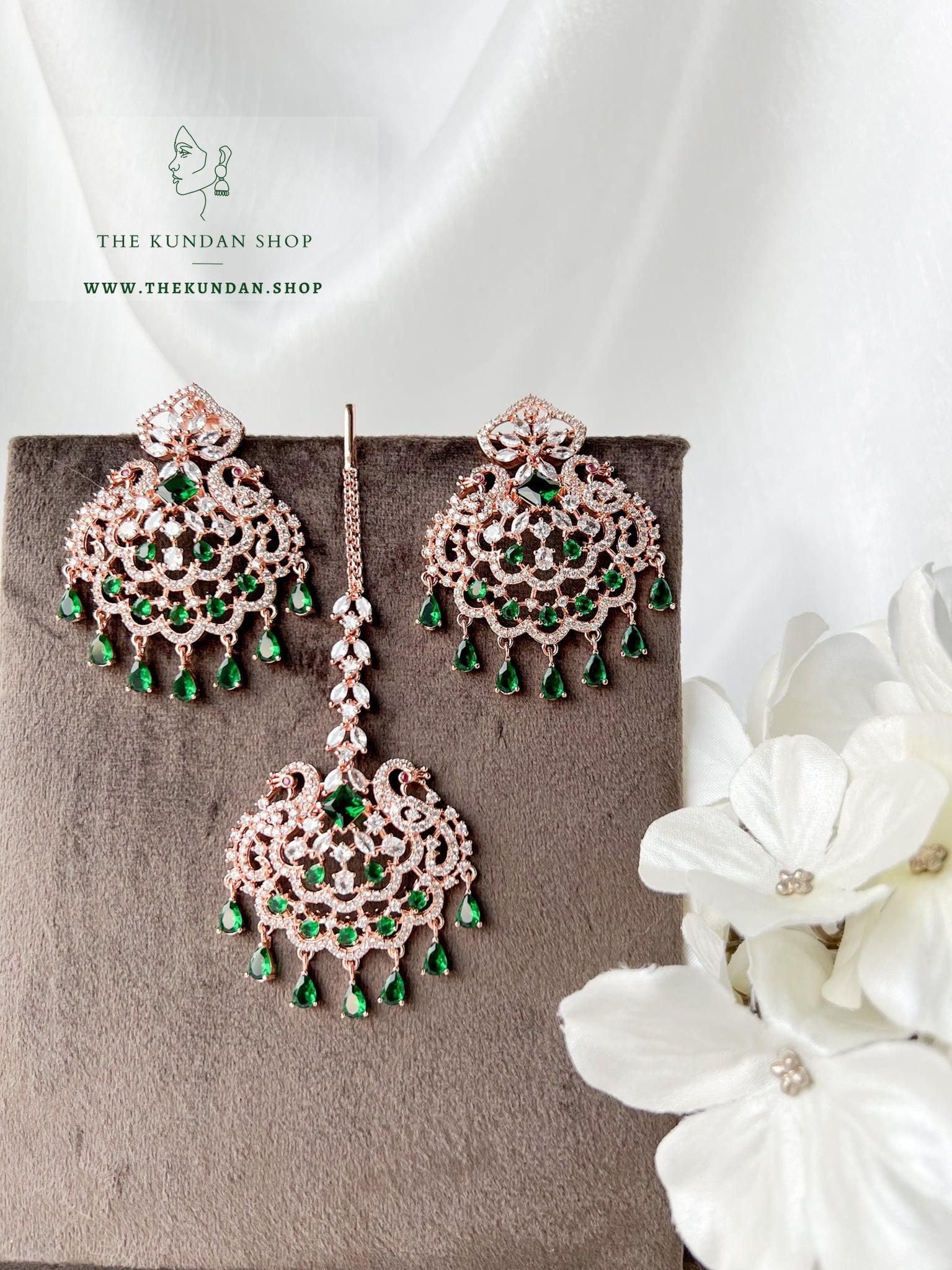 Serenity in Rose Gold & Emerald Earrings + Tikka THE KUNDAN SHOP 