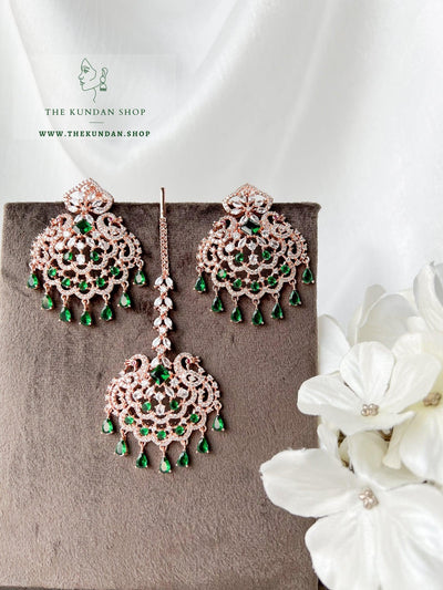 Serenity in Rose Gold & Emerald Earrings + Tikka THE KUNDAN SHOP 