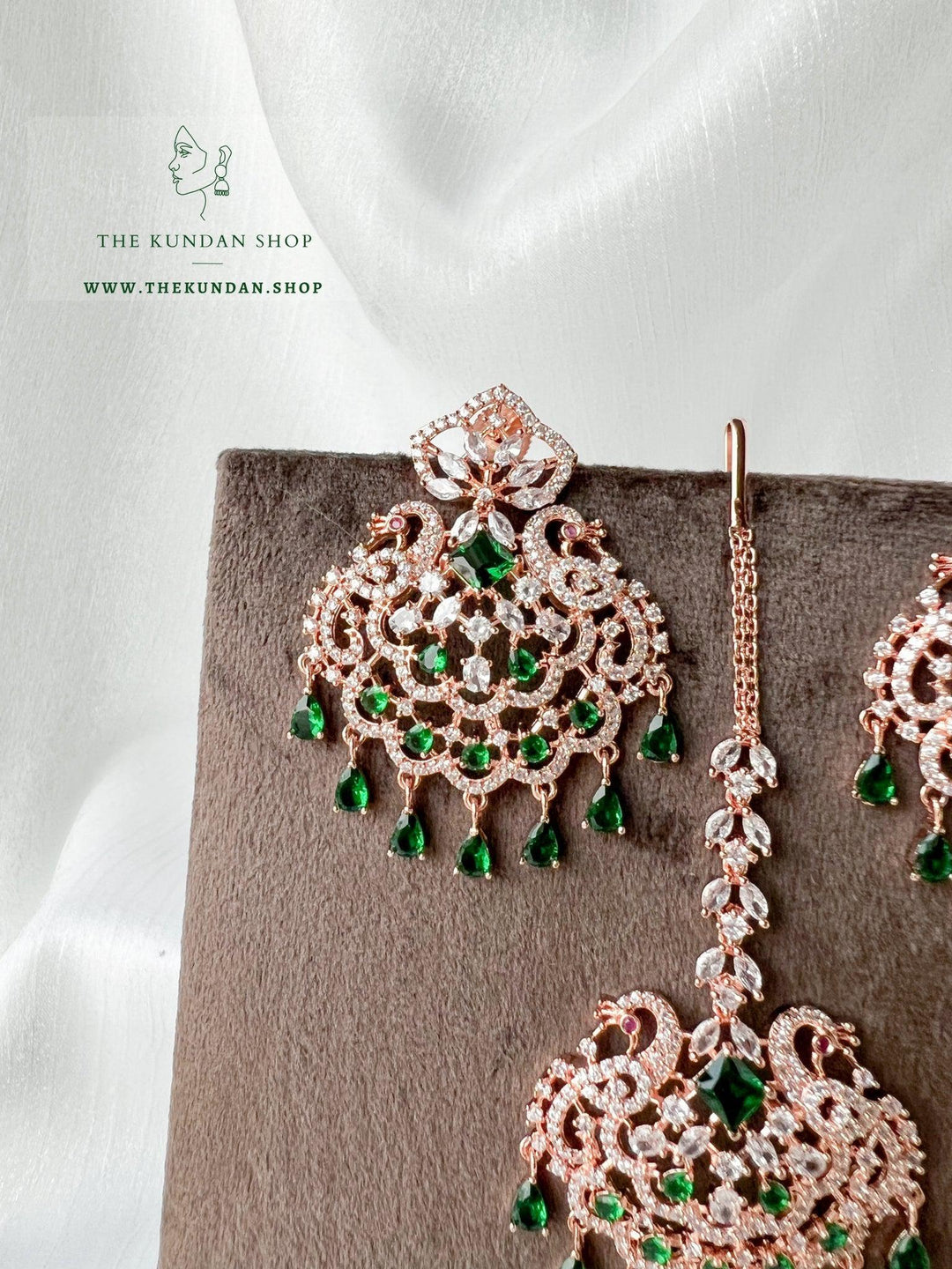 Serenity in Rose Gold & Emerald Earrings + Tikka THE KUNDAN SHOP 