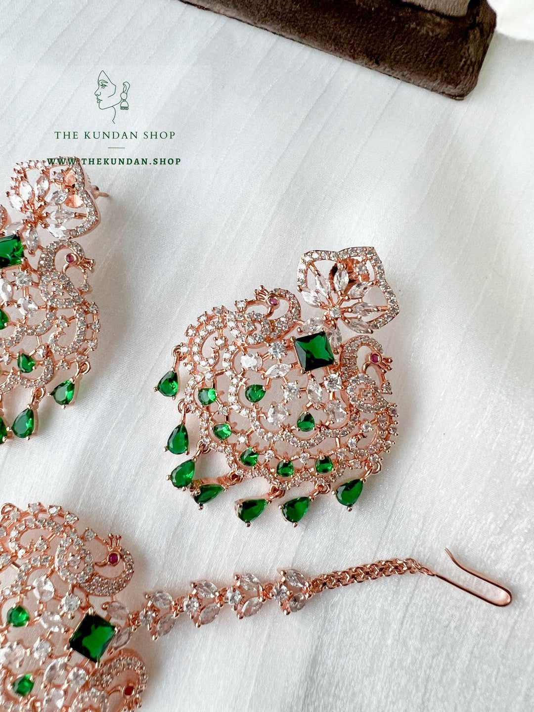 Serenity in Rose Gold & Emerald Earrings + Tikka THE KUNDAN SHOP 