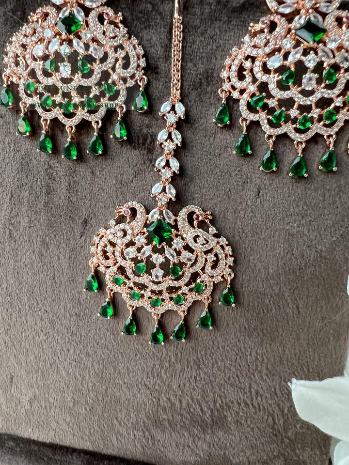 Serenity in Rose Gold & Emerald Earrings + Tikka THE KUNDAN SHOP 